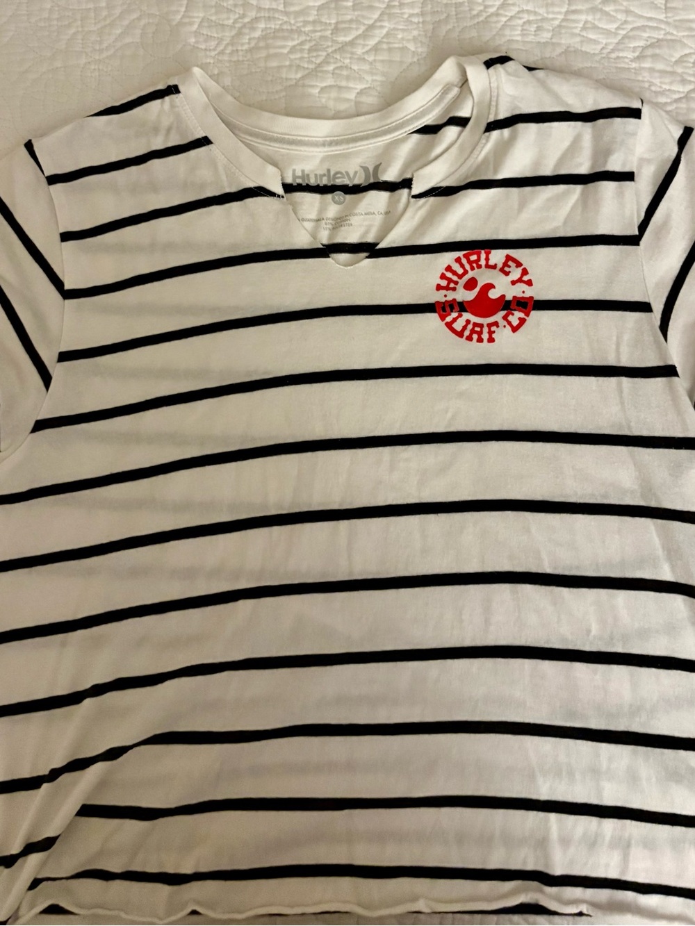 Hurley White Tee with Black Stripes and Red Chest Logo